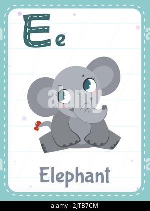 Scheda alfabetica con lettera E. Cartoon carino elefante immagine animale e parola inglese su scheda flash per l'educazione dei bambini. Schede di memoria della scuola per l'illustrazione piatta del vettore dei capretti dell'asilo. Illustrazione Vettoriale