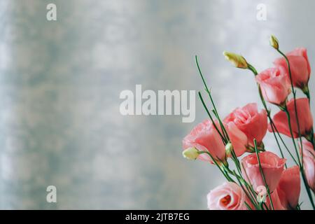 Bel bouquet di fiori rosa lisianthus su sfondo blu. Foto Stock