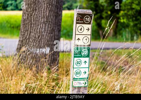 Nella regione di Hof van Twente vi è una vasta gamma di piste ciclabili ed escursionistiche. La regione è chiamata anche "i giardini dei Paesi Bassi". I nodi segnano incroci dove ciclisti o escursionisti possono estendere i loro percorsi. Dovete essere ben preparati a capire le indicazioni olandesi sulle piste ciclabili. Ambt Delden, Paesi Bassi Foto Stock