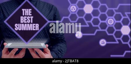 Cartello con la scritta "Best Summer". Panoramica di affari Grande stagione soleggiata dell'anno emozionante vacanza tempo Donna con lettera vuota, caffè e. Foto Stock