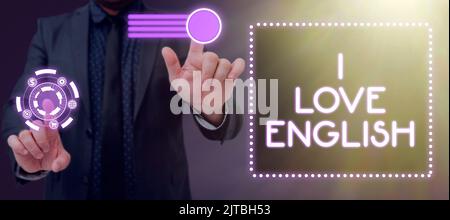 Didascalia di testo che presenta i Love English. Parola per avere affetto per la lingua internazionale grammatica Foto Stock