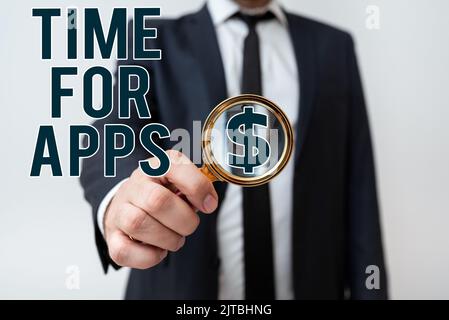 Didascalia di testo che presenta il tempo per le applicazioni. Parola scritta sul miglior servizio completo che aiuta a comunicare messaggi importanti più velocemente su notebook e. Foto Stock