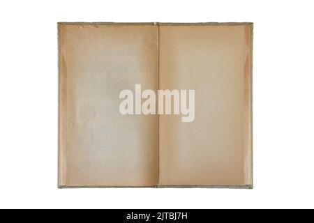 Libro antico dispiegato che mostra le pagine testurizzate isolate su sfondo bianco. Foto Stock