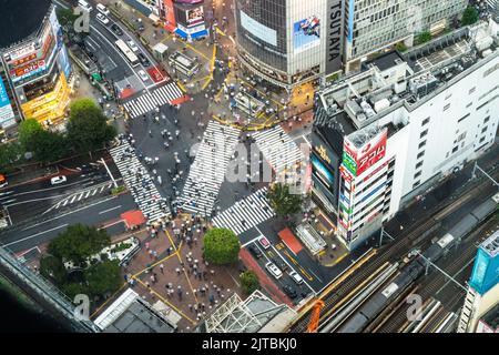 I pedoni con ombrelloni attraversano l'incrocio multidirezionale, conosciuto come Shibuya Crossing nel quartiere Shibuya, Tokyo, Giappone. L'incrocio è considerato l'incrocio pedonale più trafficato del mondo. Foto Stock