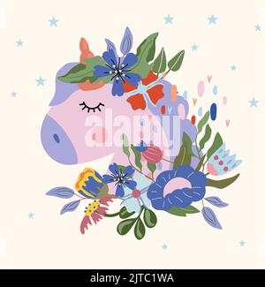 Cute testa ritratto Unicorno con fiori colorati e foglie. Magico stile unicorno piatto. Composizioni di fata per il vostro disegno. Illustrazione vettoriale. Illustrazione Vettoriale