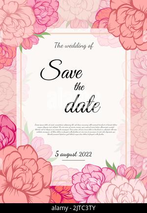 Invito di nozze vettoriale con rose rosa, fiori di peonia e tulipano. Può essere utilizzato come disegno floreale per cosmetici naturali, profumi, prodotti per la salute Illustrazione Vettoriale