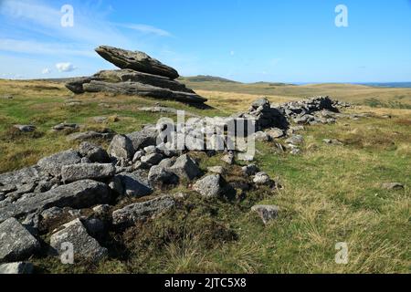 Irishman;s muro e la pietra Logan su Belstone Tor, Dartmoor, Devon, Inghilterra, UK Foto Stock