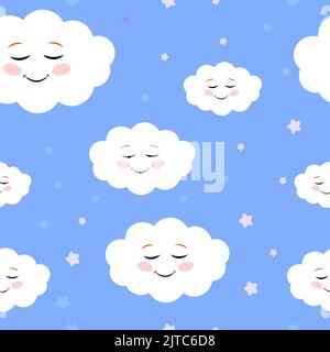 Schema vettoriale cielo blu con nuvole sorridenti. Design carino senza cuciture su sfondo blu. Illustrazione Vettoriale