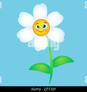 Cute chamomile carattere pianta naturale con gambo verde. Illustrazione del cartoon vettoriale. Divertente sorridente daisy fiore organico. Fioritura persona floreale. Illustrazione Vettoriale