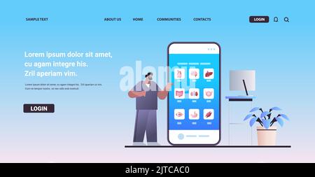 scienziato che esamina anatomici organi interni del corpo umano sullo schermo smartphone anatomia medicina scienza sanità Illustrazione Vettoriale