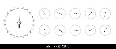 Set di scale di misurazione rotonde con frecce in diverse posizioni. modelli a 360 gradi di barometro, bussola, strumento righello circolare isolato su sfondo bianco. Illustrazione grafica vettoriale Illustrazione Vettoriale