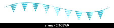 Bunting Oktoberfest con bandiere triangolari sul filo ondeggiante. Garland per il festival tedesco della birra con motivo a rombo blu e bianco. Decorazione per striscioni, volantini, biglietti, poster. Illustrazione piatta vettoriale Illustrazione Vettoriale