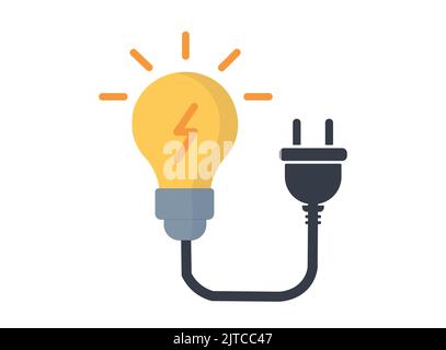 Icona della lampadina con una spina . Concetto di connessione e di elettricità. Illustrazione Vettoriale