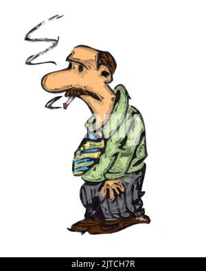 Illustrazione del cartone animato di un uomo sloppy che fuma una sigaretta Foto Stock