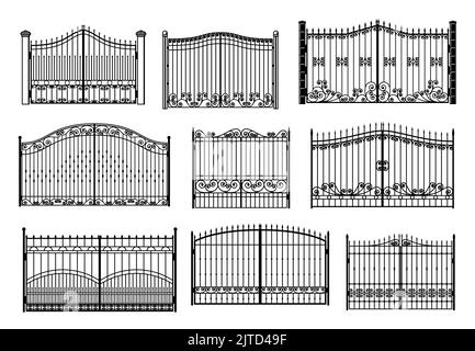 Cancello in ferro e recinzione metallica di ingresso con barriere in acciaio, muro di recinzione vettoriale. Cancelli di recinzione in metallo o pareti di sicurezza con rete di ringhiera e punte di sicurezza di parco giardino o recinzione forgiata territorio privato Illustrazione Vettoriale