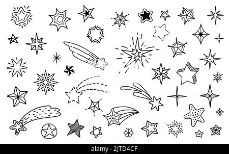 Doodle stelle schizzo, linea disegnata a mano carino cielo stellato, icone vettoriali con motivi. Inchiostro penna o matita scribble stelle di schizzo, cartone animato comete abbozzate o scintillio sparando stelle nello spazio Illustrazione Vettoriale