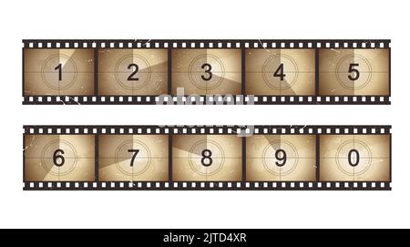 Film conto alla rovescia vecchia striscia di film grunge, cinema conto alla rovescia film stirp in vettore seppia vignetta. Conto alla rovescia per la pellicola di una bobina TV o di un video commerciale e di un trailer di film per il contatore di schermi o nastri di intro Illustrazione Vettoriale