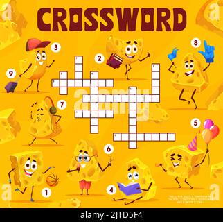 Crossword grid, cartoon maasdam e gouda Cheese personaggi, gioco di quiz di parole vettoriali. Griglia del foglio di lavoro a parole incrociate per indovinare parole di pezzo di formaggio divertente con libro, notebook e cuffie o palla da basket Illustrazione Vettoriale