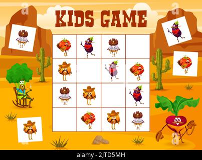 Sudoku gioco per bambini. Cartoon cowboy, bandito, sceriffo e ranger personaggi vegetali. Bambini sudoku riddle gioco vettoriale con pomodoro, melanzane e zucca, aglio, broccoli e barbabietola Illustrazione Vettoriale