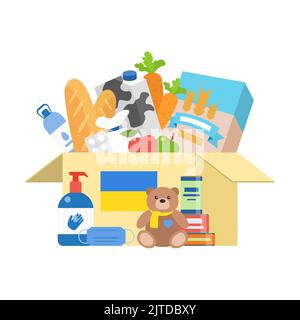 Scatola di donazione con aiuti umanitari, cibo, giocattoli per bambini, oggetti di igiene illustrazione vettoriale. Le persone donano, danno assistenza ai rifugiati, ai cittadini e all'esercito dell'Ucraina, solidarietà del concetto di comunità mondiale Illustrazione Vettoriale