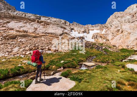Escursionista al Lone Pine Creek sul Mount Whitney Trail, John Muir Wilderness, California USA Foto Stock