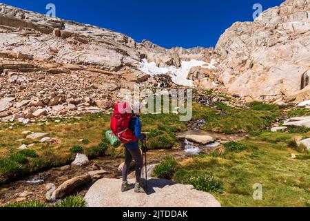 Escursionista al Lone Pine Creek sul Mount Whitney Trail, John Muir Wilderness, California USA Foto Stock