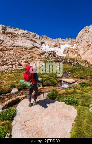 Escursionista al Lone Pine Creek sul Mount Whitney Trail, John Muir Wilderness, California USA Foto Stock