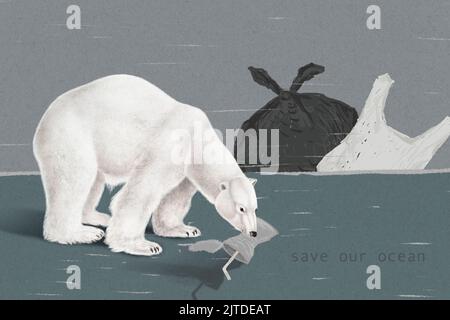 Orso polare in pericolo di fame che mangia spazzatura per sopravvivere nel riscaldamento globale Foto Stock