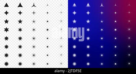 Collezione di stelle. Icone dei vettori a stella. Set di Stelle, isolato su sfondo trasparente e blu. Icona a stella. Stelle in stile moderno e semplice Illustrazione Vettoriale