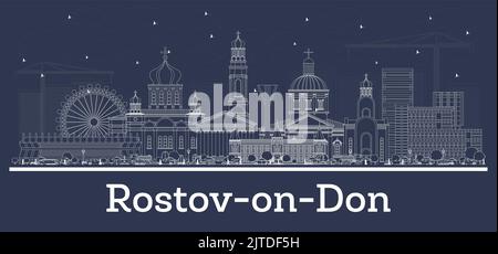 Delineate lo skyline di Rostov-on-Don Russia con edifici bianchi. Illustrazione vettoriale. Concetto di viaggio d'affari e turismo con architettura moderna. Illustrazione Vettoriale