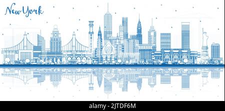 Delineate lo skyline di New York USA City con edifici blu e riflessi. Illustrazione vettoriale. Il paesaggio urbano di New York con i suoi punti di riferimento. Illustrazione Vettoriale