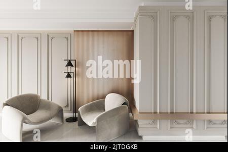 Interni moderni e lussuosi in pareti dorate e intonacate con due poltrone e lampade nere, 3D rendering, 3D illustrazione Foto Stock