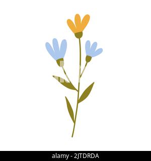 Fiori carini con foglie isolate su sfondo bianco. Illustrazione vettoriale in stile piatto disegnato a mano. Perfetto per carte, logo, decorazioni, primavera e. Illustrazione Vettoriale