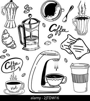 Set di icone disegnate a mano per macchina da caffè con tazzina, French press, chicchi di caffè, croissant, toast. Iscrizioni disegnate a mano. Metodo di estrazione del cof Illustrazione Vettoriale