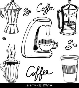 Set di icone disegnate a mano per macchina da caffè con caffè in tazza, French press, caffè in grani. Iscrizione disegnata a mano. Metodo di preparazione del caffè. Cappuccino mac Illustrazione Vettoriale