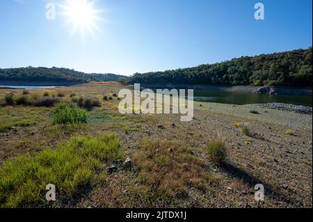 Paesaggio di siccità in estate intorno al lago Villerest nel dipartimento della Loira con basso livello dell'acqua e vegetazione secca Foto Stock