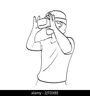 line art uomo che indossa occhiali vr sulla sua testa illustrazione vettore disegnato a mano isolato su sfondo bianco Illustrazione Vettoriale