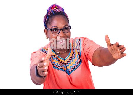 donna matura che indossa occhiali ottici con mani sdraiati sorridendo alla fotocamera. Foto Stock