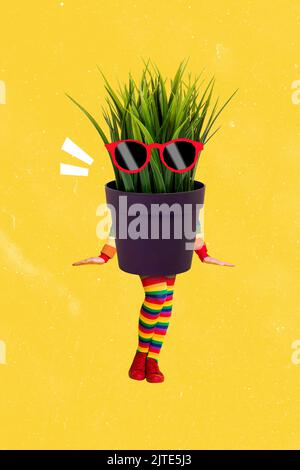 Grafica creativa astratta modello immagine di divertente funky ufficio flower pot piedi gambe tempo occhiali scuri sfondo isolato disegno Foto Stock