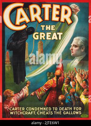 Poster mago vintage 1920s per carter The Great. Carter condannato a morte per stregoneria. Imbraccia le zappe Foto Stock