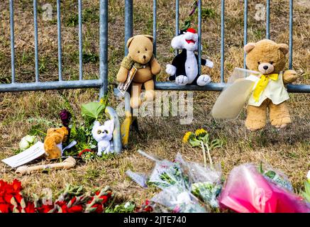 NEW BEIJERLAND - Danimarca, 2022-08-30 11:47:29:00 NEW BEIJERLAND - Bandiere appeso a mezzo albero e fiori in memoria delle vittime dell'incidente mortale. Sabato, un camion ha guidato fuori dalla diga a Nieuw-Beijerland e colpito i presenti a una festa di quartiere. Oltre ai sette feriti, sono state uccise sei persone. ANP JEFFREY GROENEWEG olanda fuori - belgio fuori Foto Stock