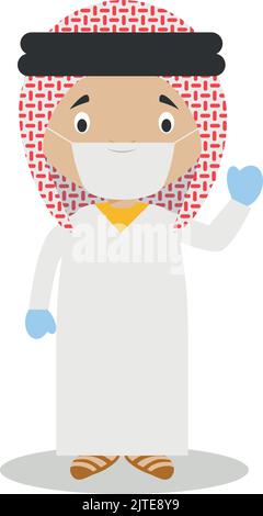 Personaggio dall'Arabia Saudita vestito in modo tradizionale e con maschera chirurgica e guanti in lattice come protezione contro un'emergenza sanitaria Illustrazione Vettoriale