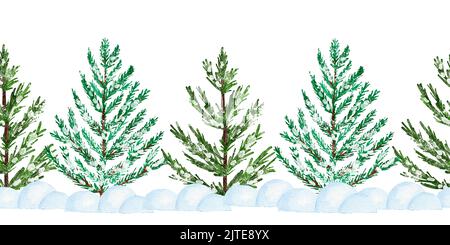 Acquerello senza cuciture bordo disegnato a mano con alberi di Natale. Inverno dicembre legno foresta legno legno arredamento legno, rami di conifere pino in ornamenti neve, telaio orizzontale clipart Foto Stock