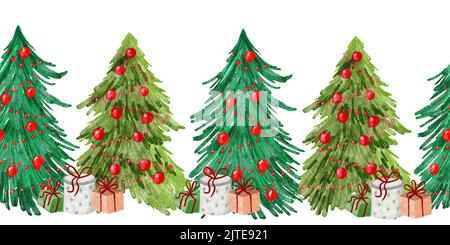 Acquerello senza cuciture bordo disegnato a mano con alberi di Natale. Inverno dicembre legno foresta legno legno arredamento legno, rami di conifere pino in ornamenti neve, telaio orizzontale clipart Foto Stock