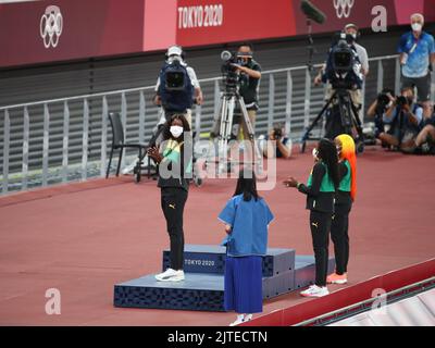 01st agosto 2021 - Tokyo, Giappone: Shericka Jackson della Giamaica durante la cerimonia della Vittoria delle Donne del 100m ai Giochi Olimpici di Tokyo 2020 (Foto: Foto Stock