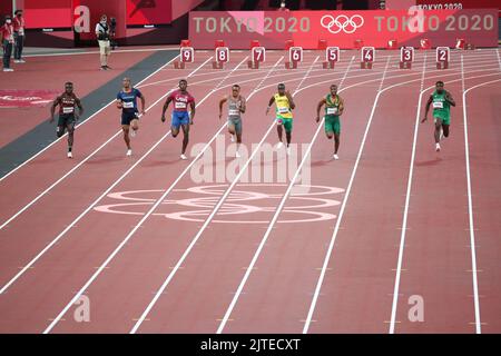01st agosto 2021 - Tokyo, Giappone: Semifinale maschile 100m 1 ai Giochi Olimpici di Tokyo 2020 (Foto: Mickael Chavet/RX) Foto Stock