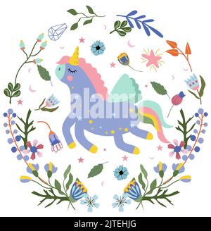 Composizione luminosa con simpatico unicorno in corona di fiori e foglie brillanti. Fantastico Unicorno. Le composizioni delle fate possono essere usate come creazione della scheda, della bandiera, del compleanno e di altre feste. Illustrazione vettoriale. Illustrazione Vettoriale