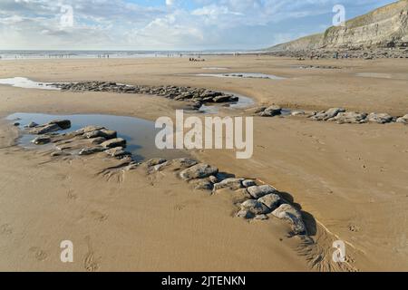 Affioramenti di rocce calcaree a Southerndown Beach, Dunraven Bay con bassa marea, Glamorgan Heritage Coast, South Wales, UK, ottobre 2021. Foto Stock