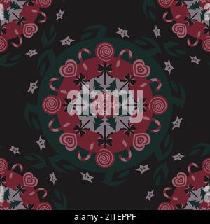 Natale senza cuciture modello. Lollipop Mandala. Lecca lecca e canna da zucchero. Albero di Natale e stelle. Colori cioccolato e lampone. Vettore. Illustrazione Vettoriale