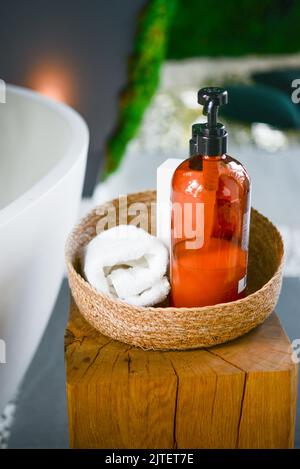 Il sapone e lo shampoo dispenser sul rubinetto di acqua lavandino con  rubinetto in costosi loft bagno Foto stock - Alamy